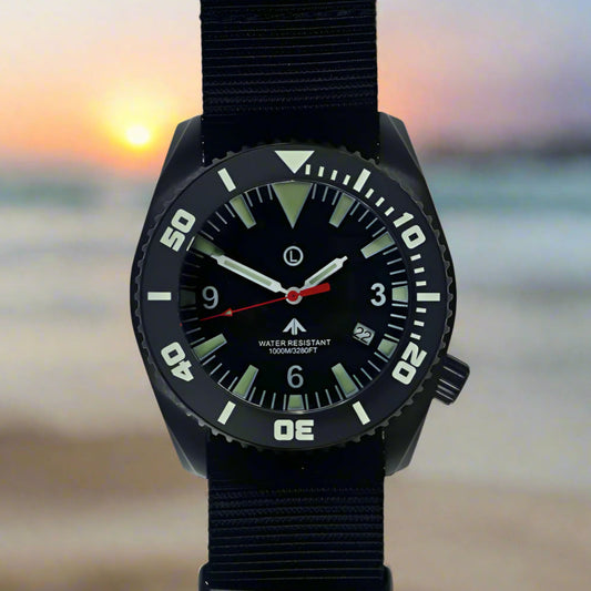 Deep Dive E01/T men's quartz 1000m(100ATM) diver's watch By Enoksen featuring a PVD coated stainless steel case, rotating ceramic bezel, front view.