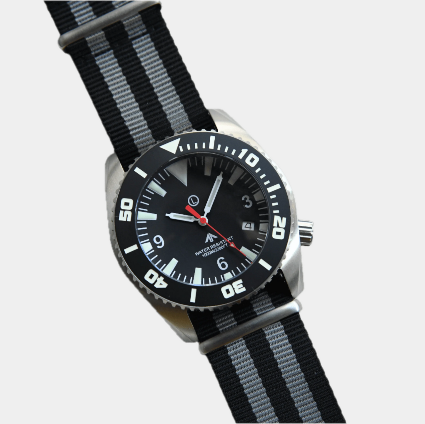 Deep Dive 1000m divers watch, steel edition, 44mm, Super-Luminova, NATO strap, head shot, tilted