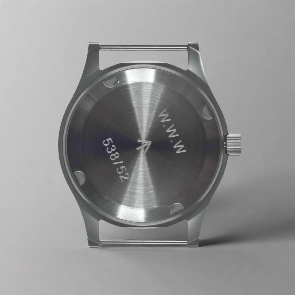 Aeschbach x Enoksen 'Fly' E03/T Dirty Dozen Automatic watch, 36mm, case back showing service number, broad arrow symbol, and WWW reference.