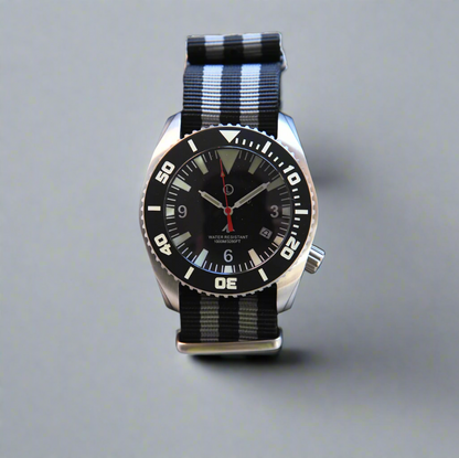 Deep Dive 1000m divers watch, steel edition, 44mm, Super-Luminova, NATO strap,  headshot with strap 