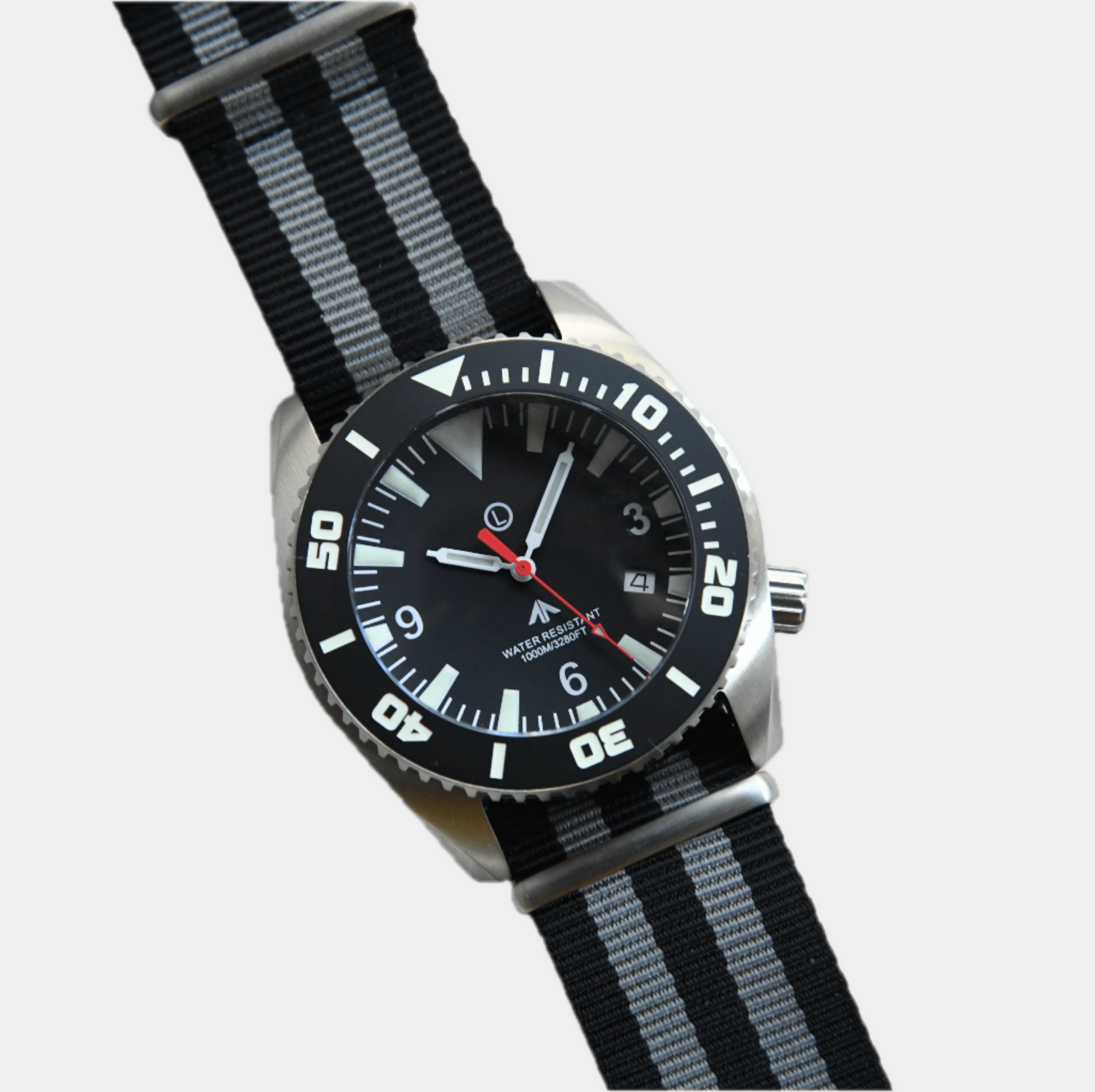 Deep Dive 1000m divers watch, steel edition, 44mm, Super-Luminova, NATO strap,  head shot, tilted 