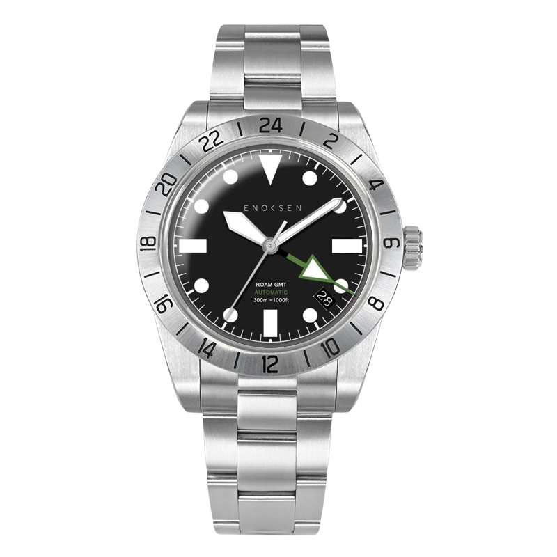 Roam E07/B men's automatic GMT By Enoksen watch featuring a polished stainless steel link bracelet, front view.