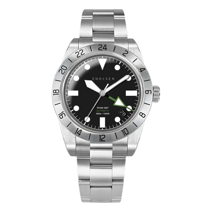 Roam E07/B men's automatic GMT By Enoksen watch featuring a polished stainless steel link bracelet, front view.