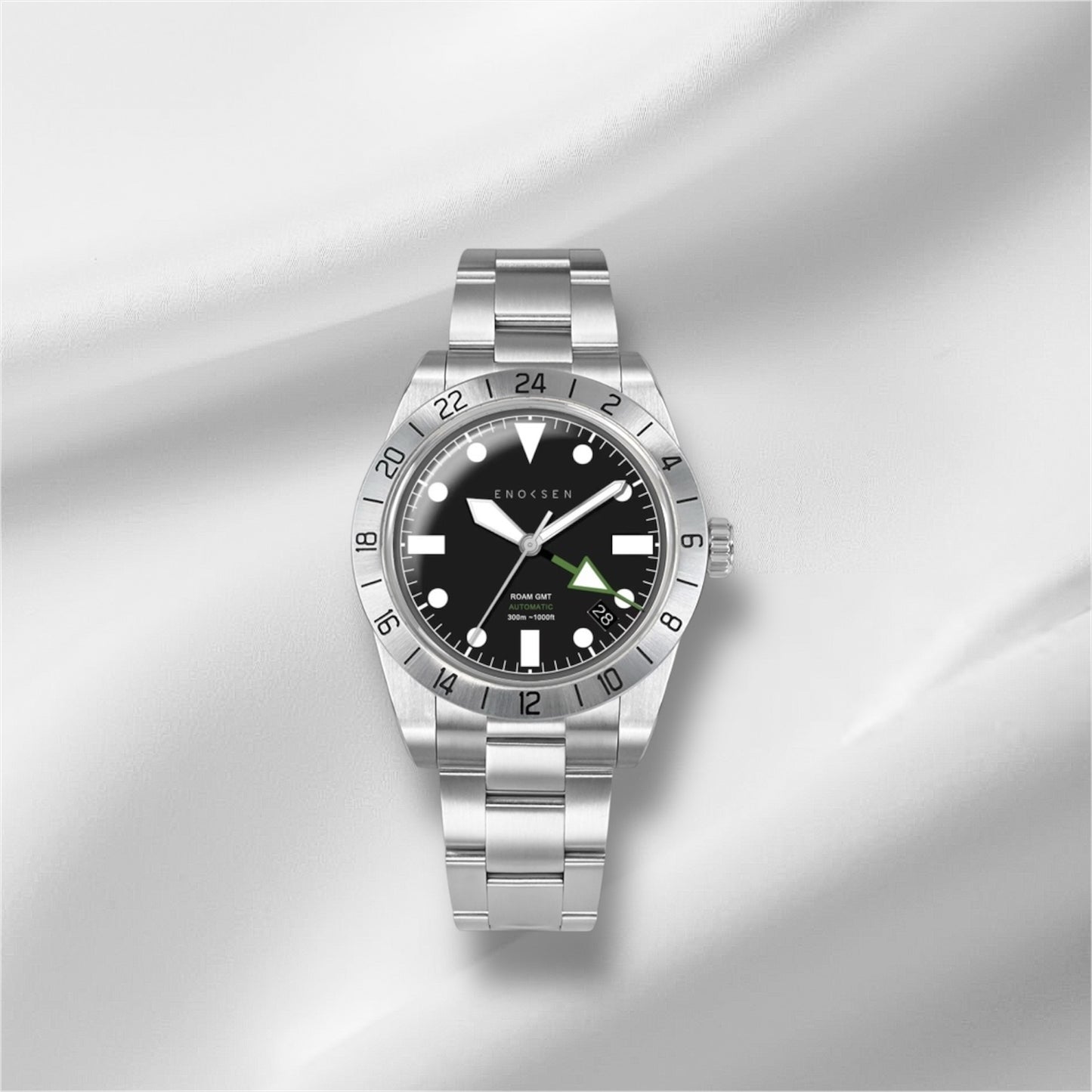 A slightly distant front view of the Roam E07/B watch. The image captures the watch's elegant design and emphasizes the crystal-clear sapphire glass.