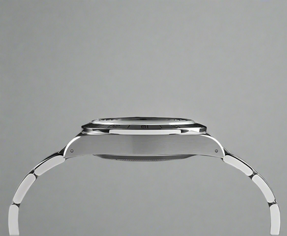 A side-on view showcasing the polished steel case of By Enoksen GMT watch. The image emphasizes the watch's elegant slim profile, and a durable sapphire crystal.