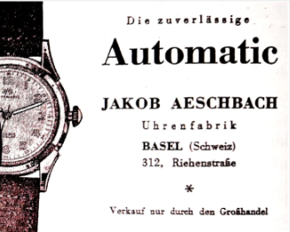 Advertisement for Jakob Aeschbach watch factory with a watch on a white background