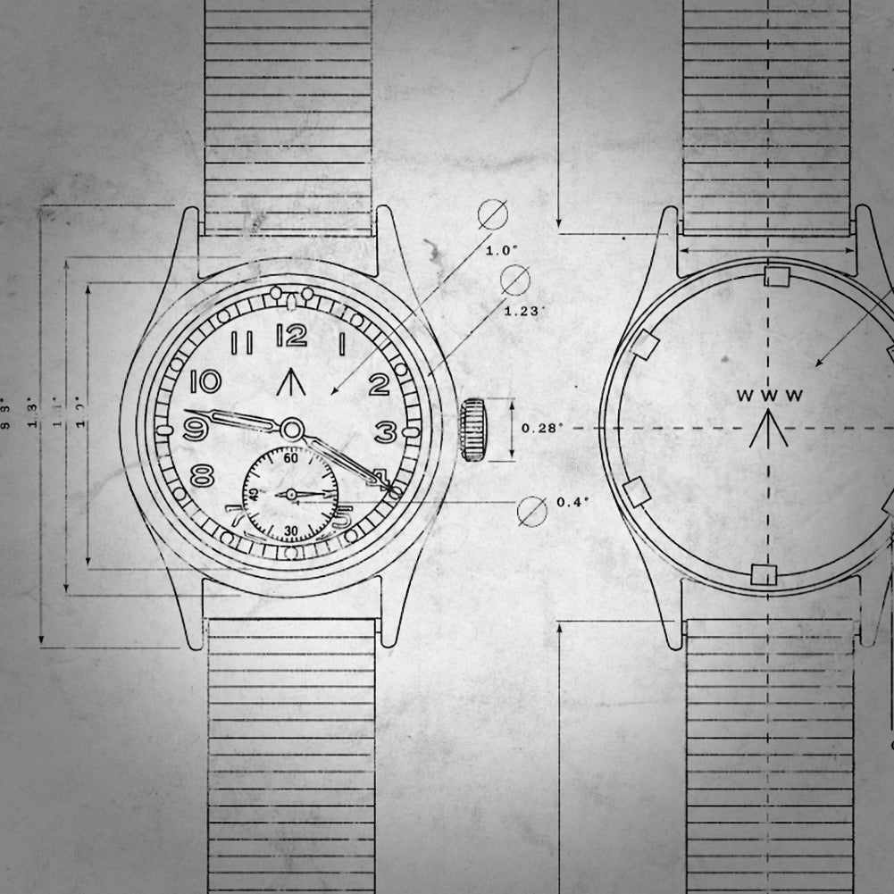 Technical drawing of a wristwatch with measurements on a gray background