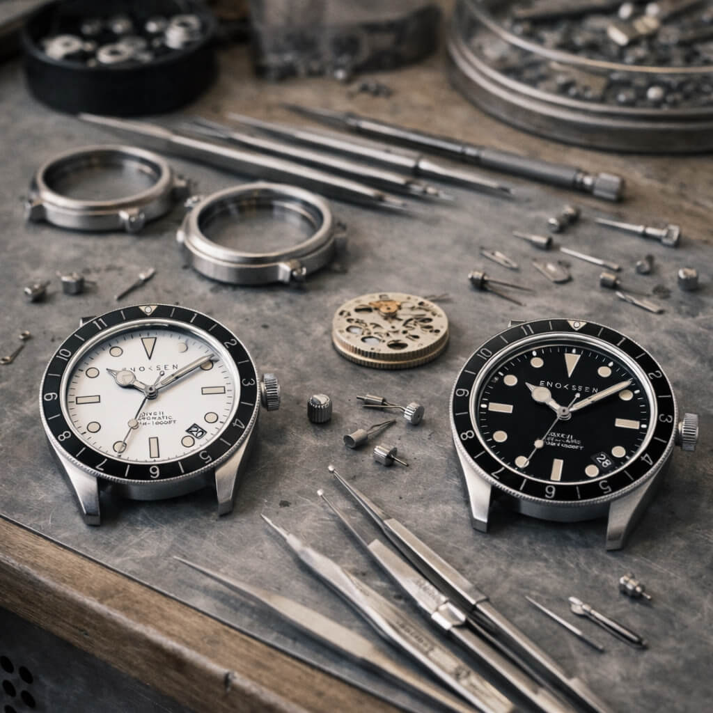Watchmaker’s bench scene with two Enoksen Dive II watches, used for the ‘Assembled in Denmark’ section.
