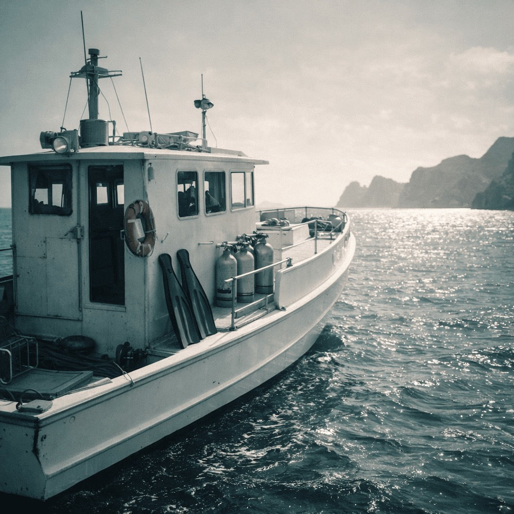Small boat at sea in muted, nostalgic tones, used as atmosphere for the skin diver story.