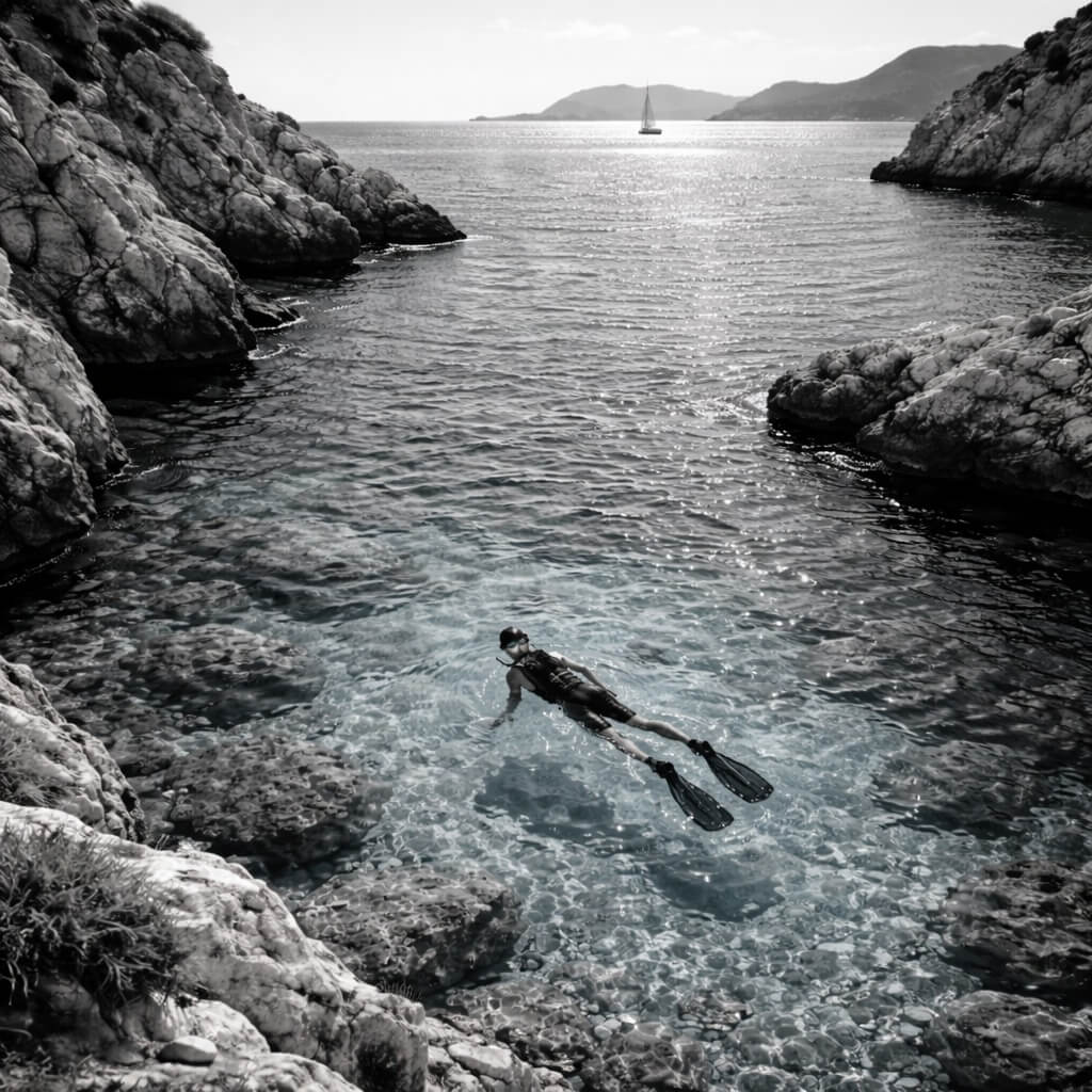 Swimmer with fins in a rocky cove, muted nostalgic tones.