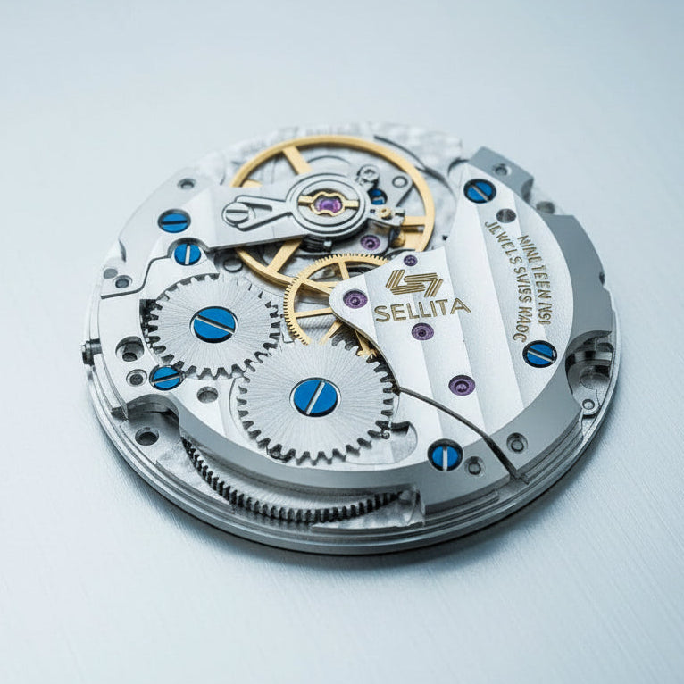 Close-up of Swiss Sellita SW260 movement/mechanism on a light gray background