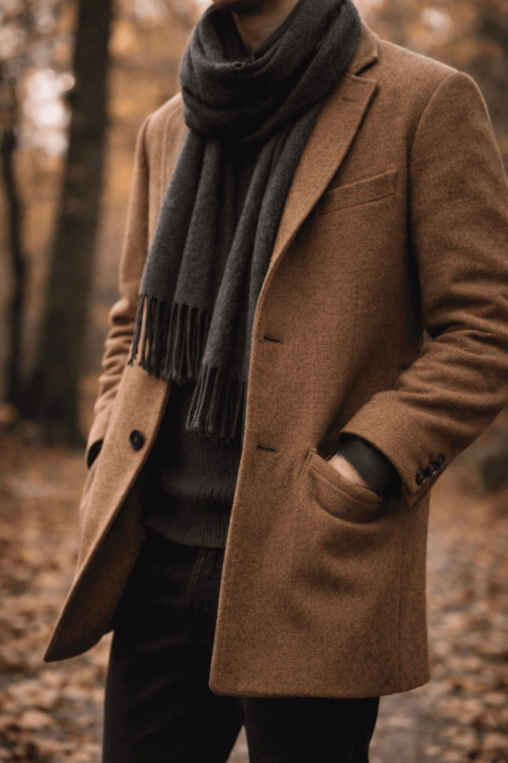 Man wearing a camel brown coat and dark scarf in a forest setting