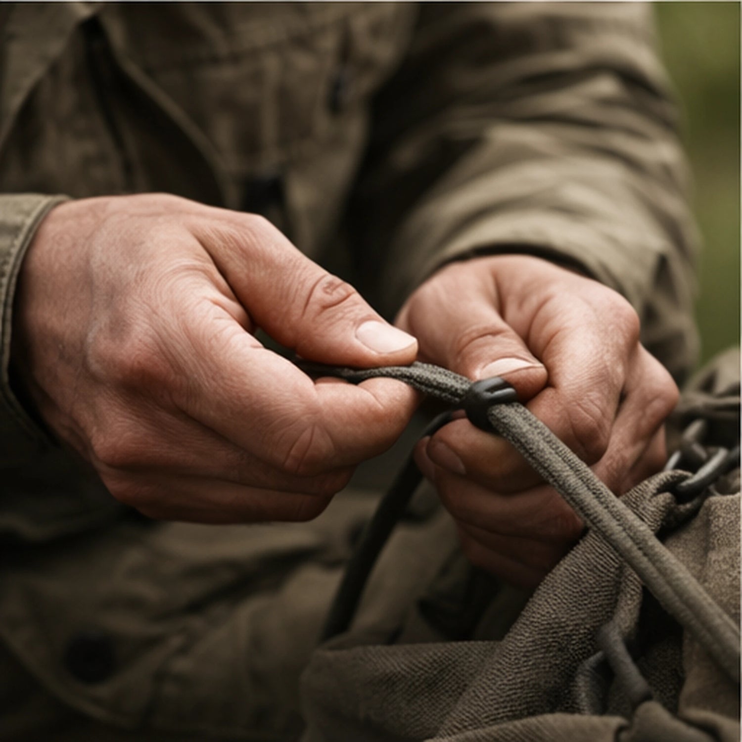 Close-up of hands tying a knot in a rope, wearing a green jacket.