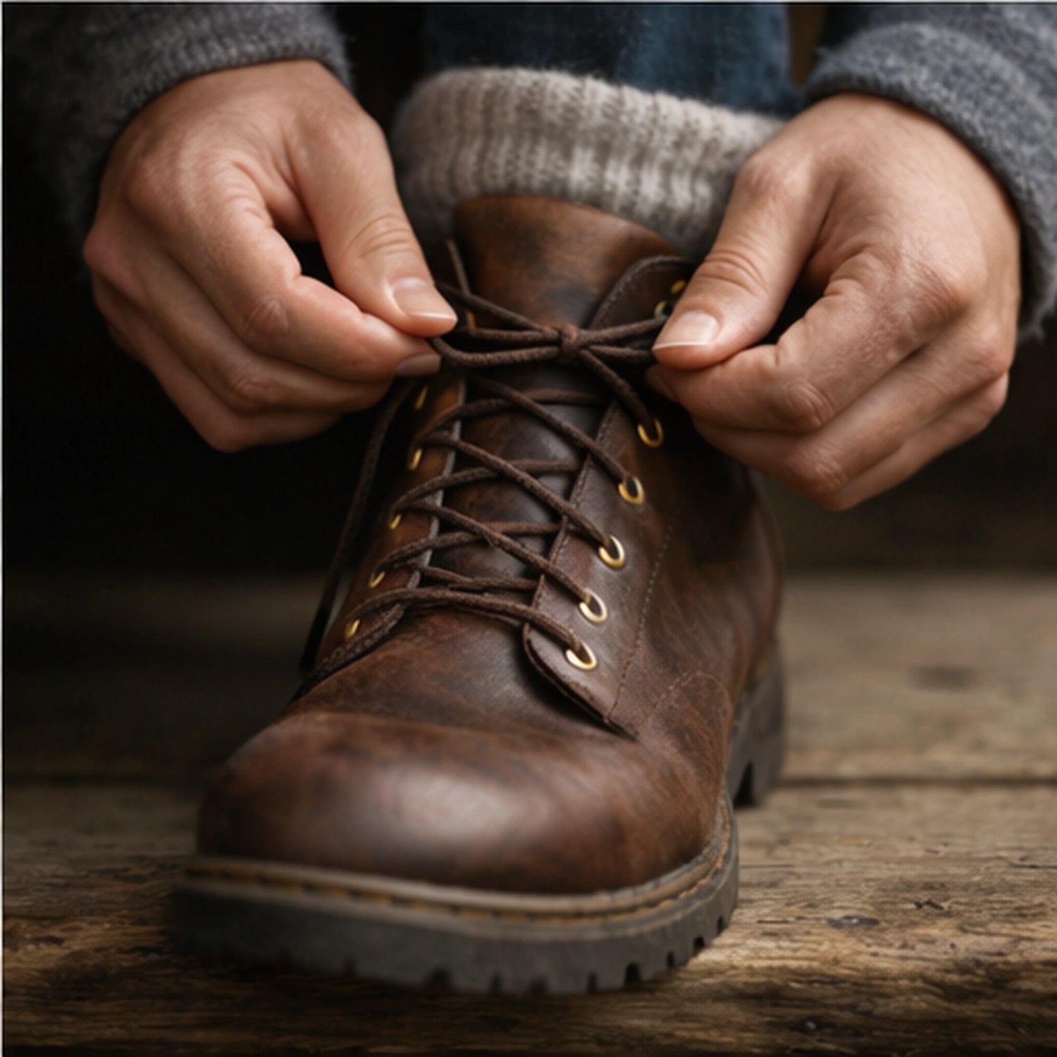 Person tying the laces of a brown leather boot on a wooden floor.